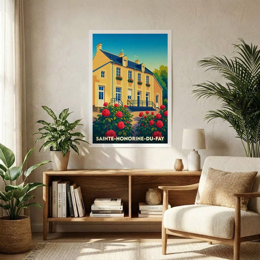 Affiche souvenir de la ville de Sainte-Honorine-du-Fay avec une illustration stylisée d'une maison fleurie.
