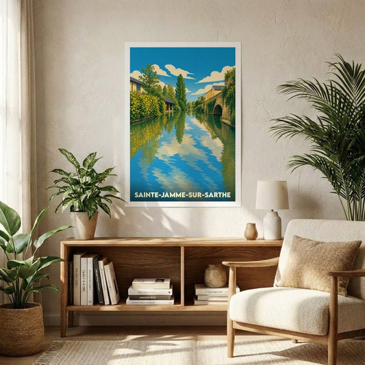 Affiche souvenir de la ville de Sainte-Jamme-sur-Sarthe représentant une illustration stylisée et colorée de la rivière.