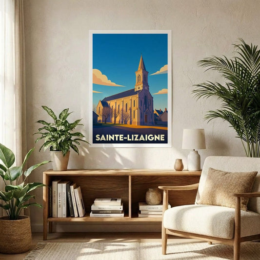 Affiche souvenir de la ville de Sainte-Lizaigne avec une illustration stylisée d'une église sous un ciel bleu.