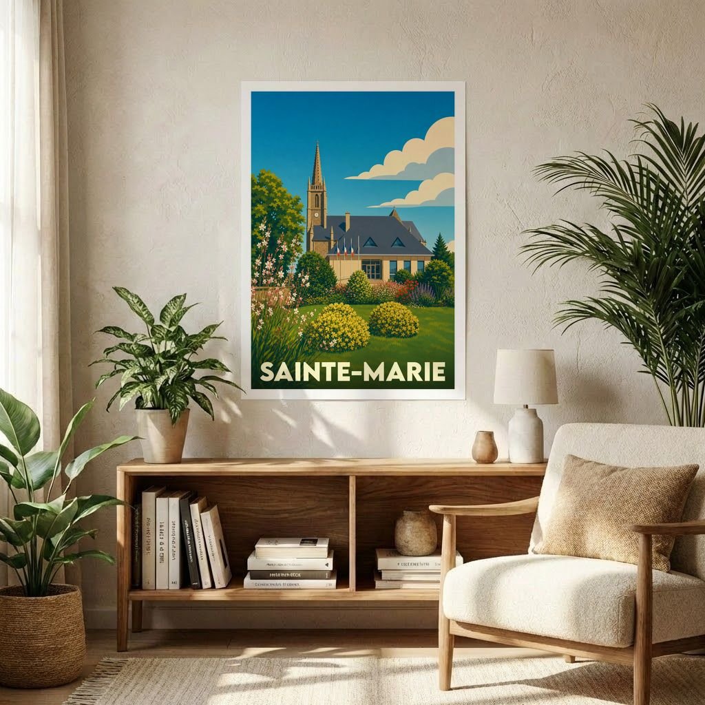 Affiche souvenir de la ville de Sainte-Marie avec une illustration stylisée d'un bâtiment historique et de son jardin.