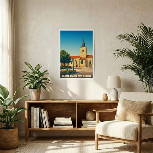 Affiche souvenir de la ville de Sainte-Marie-aux-Chênes avec une illustration stylisée de son église.
