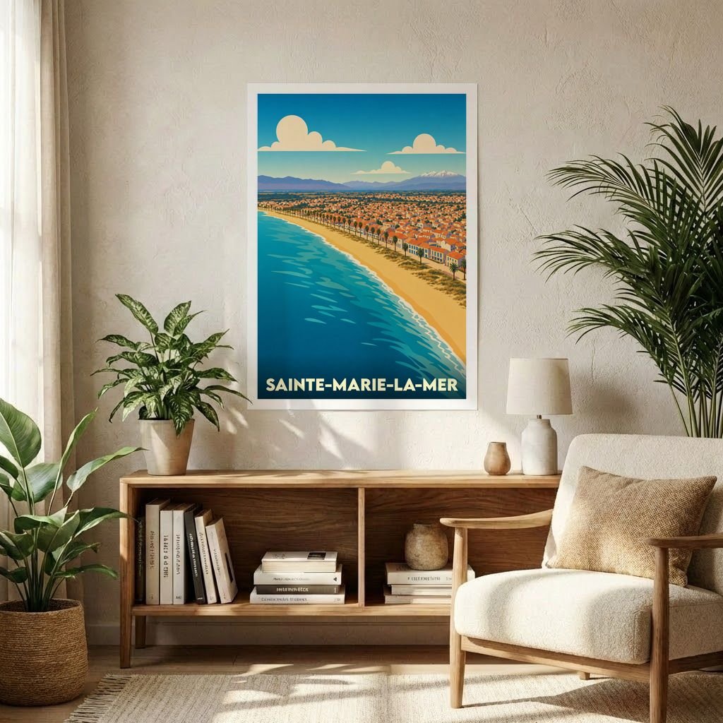 Affiche souvenir de la ville de Sainte-Marie-la-Mer avec une illustration stylisée du littoral.
