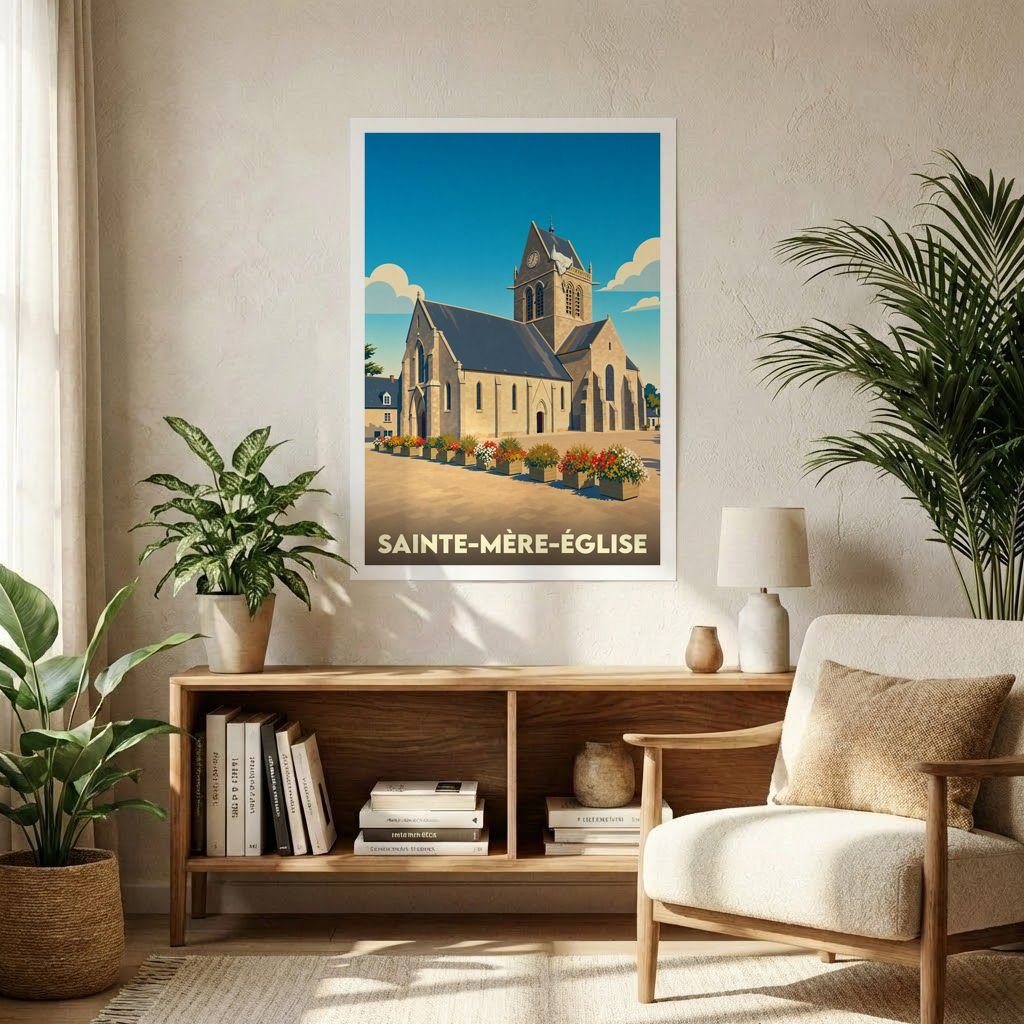 Affiche souvenir de la ville de Sainte-Mère-Église avec une illustration stylisée de son église emblématique.