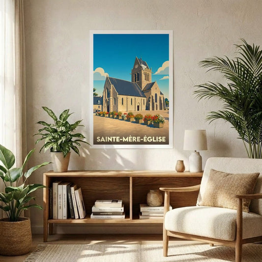 Affiche souvenir de la ville de Sainte-Mère-Église avec une illustration stylisée de son église emblématique.