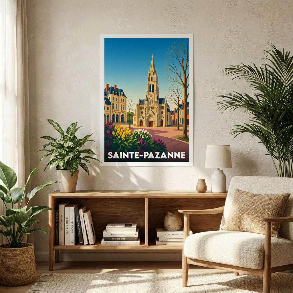 Affiche souvenir de la ville de Sainte-Pazanne représentant son église et son architecture dans un style graphique rétro.