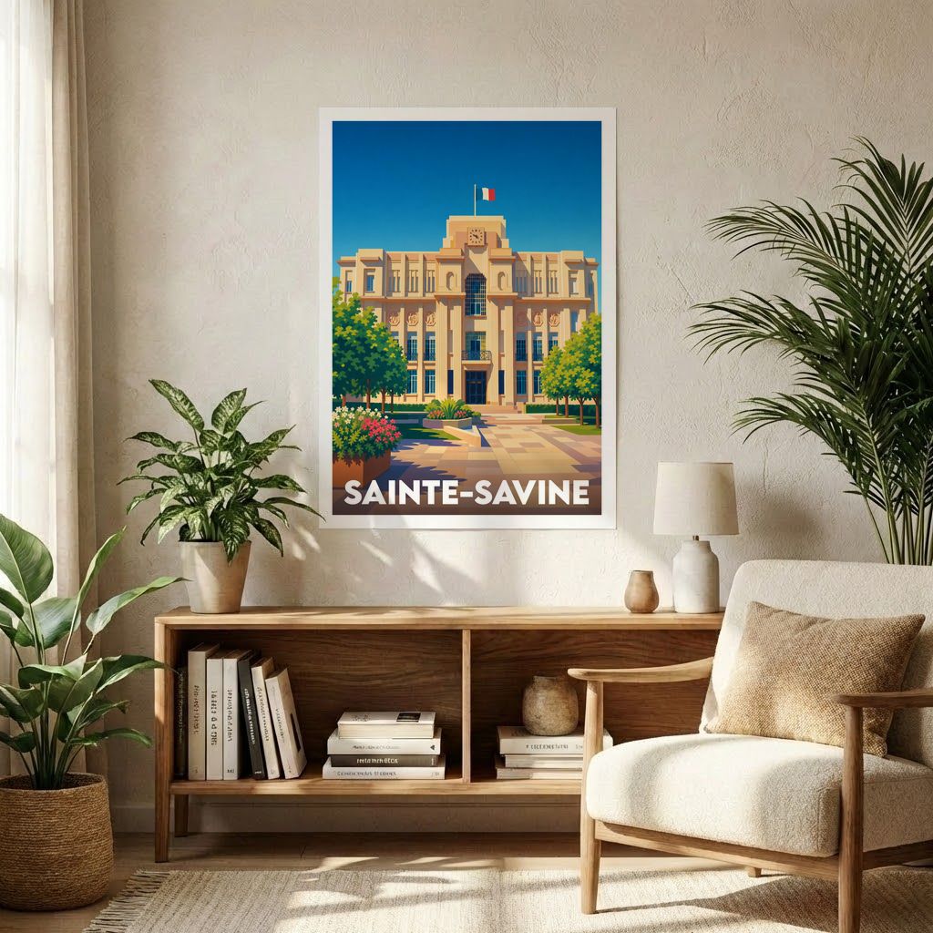 Affiche souvenir de la ville de Sainte-Savine avec une illustration stylisée de son hôtel de ville.