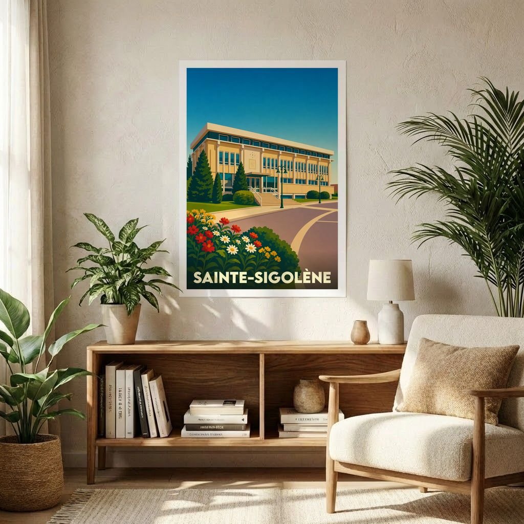 Affiche souvenir de la ville de Sainte-Sigolène présentant une illustration stylisée de son architecture moderne et de ses jardins.