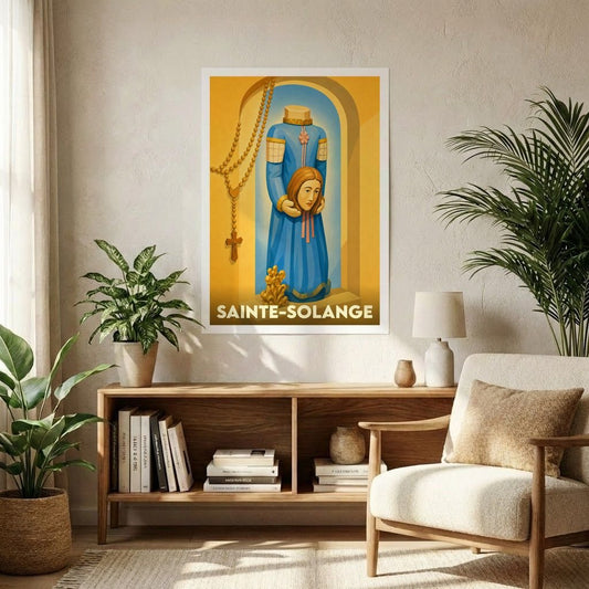 Affiche souvenir de la ville de Sainte-Solange représentant la sainte martyre avec une illustration stylisée.