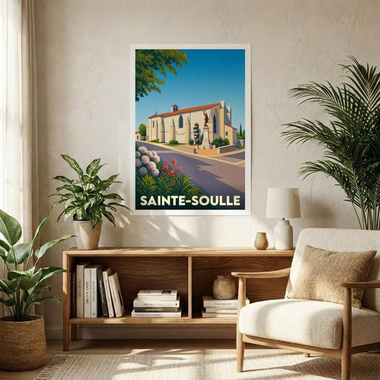 Affiche souvenir de la ville de Sainte-Soulle représentant son église et une statue dans un style graphique épuré.