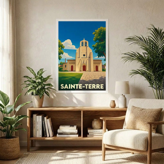 Affiche souvenir de la ville de Sainte-Terre présentant une illustration stylisée de son église sous un ciel bleu.