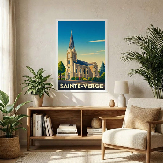 Affiche souvenir de la ville de Sainte-Verge avec une illustration stylisée de son église.