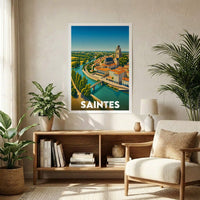 Affiche souvenir de la ville de Saintes avec une illustration stylisée de son architecture en bord de fleuve.