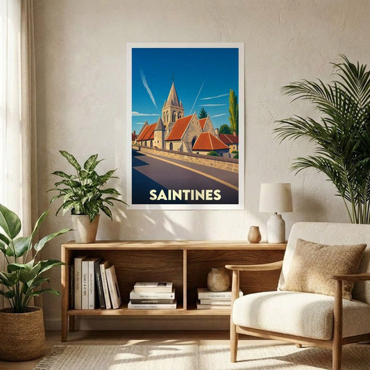 Affiche souvenir de la ville de Saintines avec une illustration stylisée de son église sous un ciel bleu.