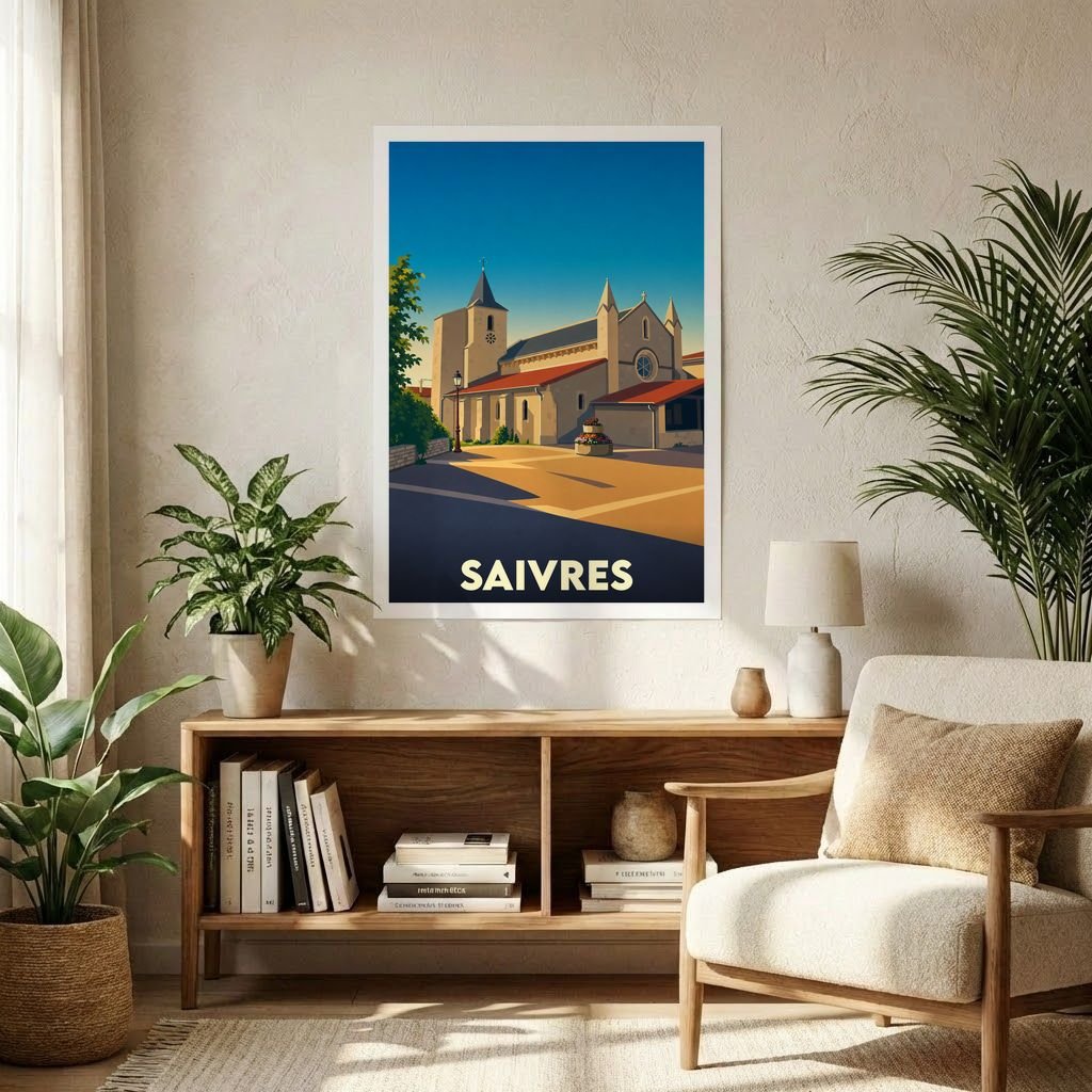 Affiche souvenir de la ville de Saivres avec une illustration stylisée de son église sous un ciel bleu.