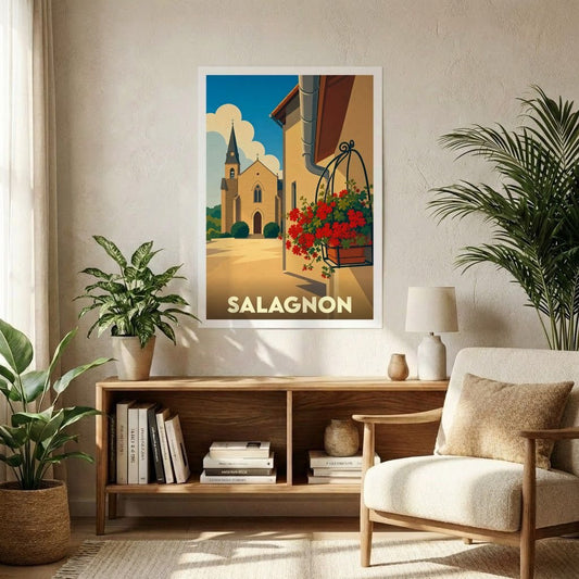 Affiche souvenir de la ville de Salagnon avec une illustration stylisée d'une église et de fleurs.