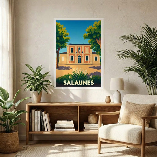 Affiche souvenir de la ville de Salaunes illustrant son hôtel de ville dans un style rétro et coloré.