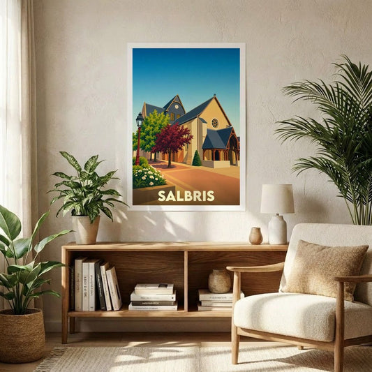 Affiche souvenir de la ville de Salbris avec une illustration stylisée d'une église sous un ciel bleu.