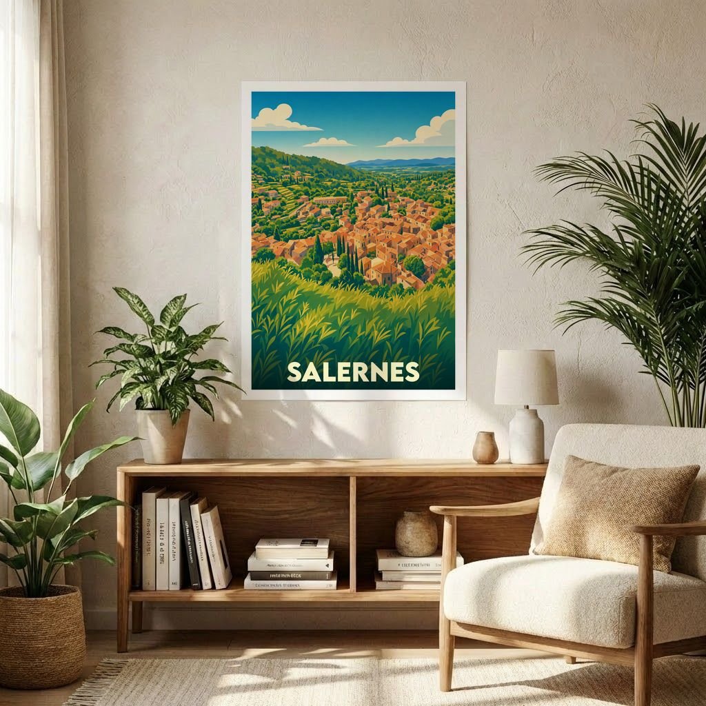 Affiche souvenir de la ville de Salernes avec une illustration de paysage stylisée.
