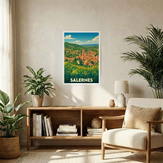 Affiche souvenir de la ville de Salernes avec une illustration de style vintage représentant le village provençal.