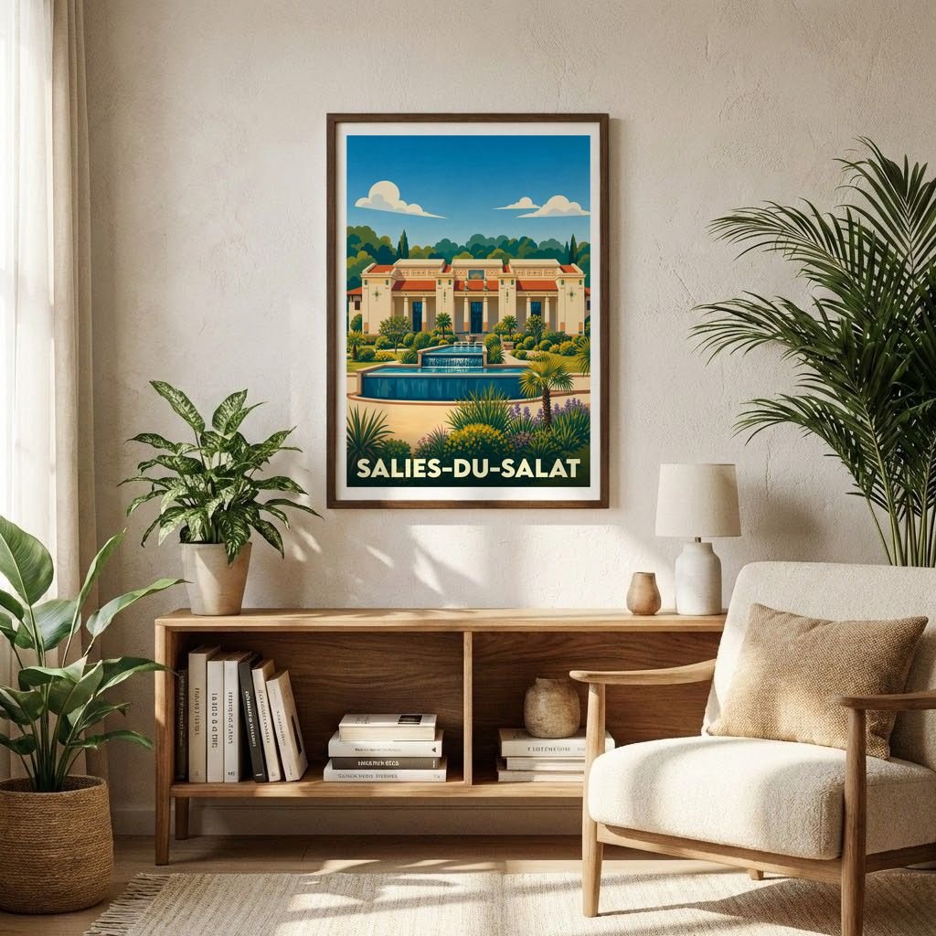 Affiche souvenir de la ville de Salies-du-Salat avec une illustration stylisée de son architecture thermale.