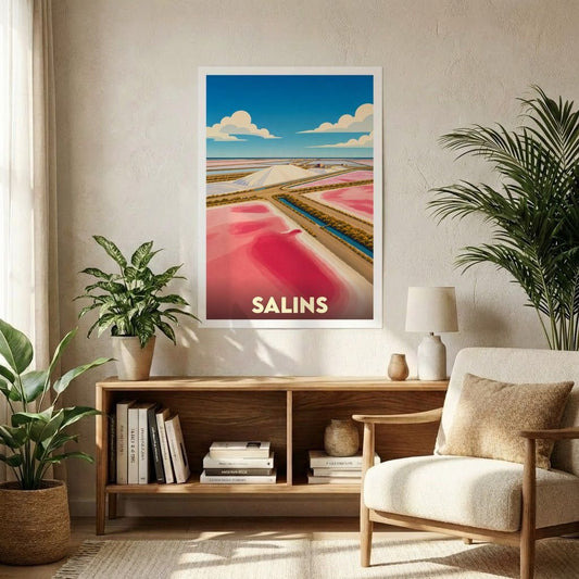 Affiche souvenir de la ville de Salins illustrant des salines roses sous un ciel bleu.