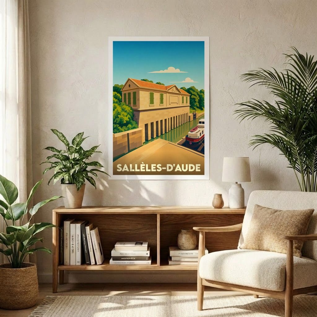 Affiche souvenir de la ville de Sallèles-d'Aude avec une illustration stylisée du canal et de son architecture.