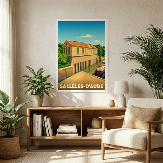 Affiche souvenir de la ville de Sallèles-d'Aude avec une illustration stylisée du canal et de son architecture.