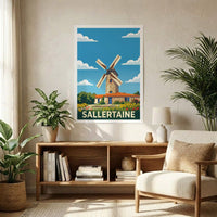 Affiche souvenir de la ville de Sallertaine avec une illustration stylisée d'un moulin.