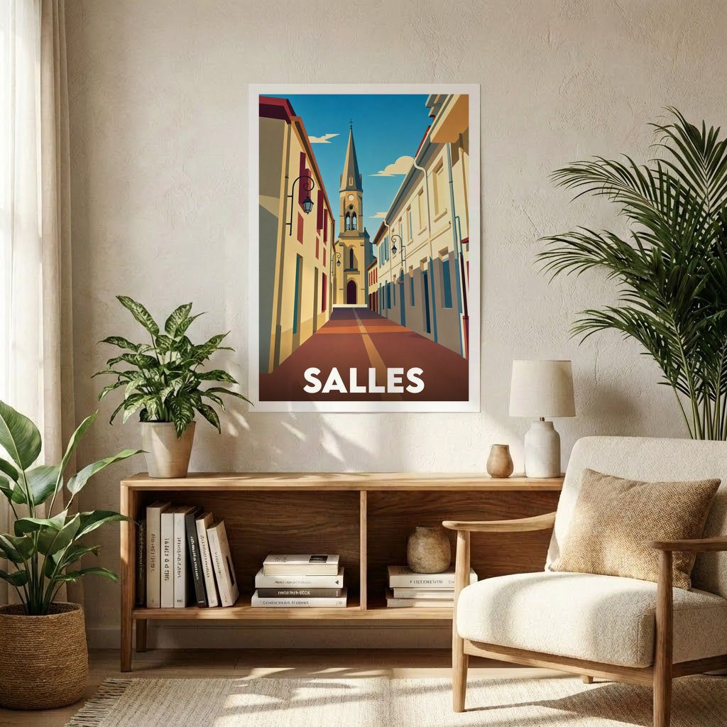 Affiche souvenir de la ville de Salles avec une illustration stylisée d'une rue menant au clocher.