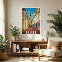 Affiche souvenir de la ville de Salles avec une illustration stylisée d'une rue menant au clocher.