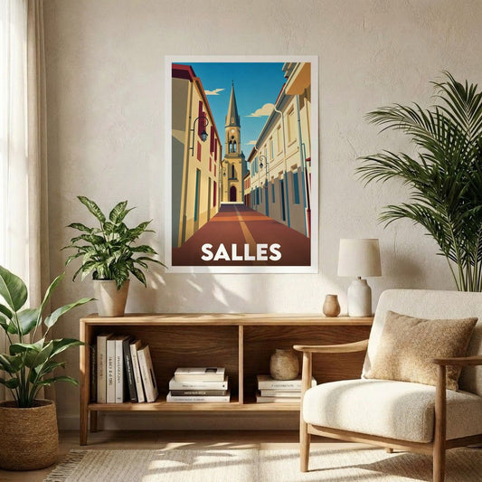 Affiche souvenir de la ville de Salles avec une illustration stylisée d'une rue menant au clocher.