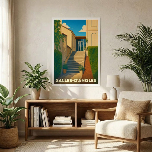 Affiche souvenir de la ville de Salles-d'Angles avec une illustration stylisée d'un escalier sous un ciel ensoleillé.