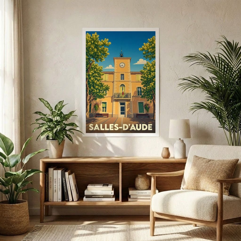 Affiche souvenir de la ville de Salles-d'Aude avec une illustration stylisée de sa mairie.