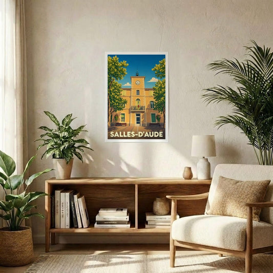 Affiche souvenir de la ville de Salles-d'Aude avec une illustration stylisée de sa mairie.
