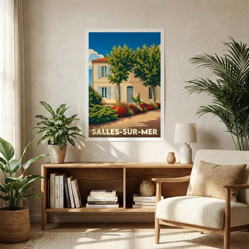 Affiche souvenir de la ville de Salles-sur-Mer avec une illustration stylisée d'une maison charentaise fleurie.