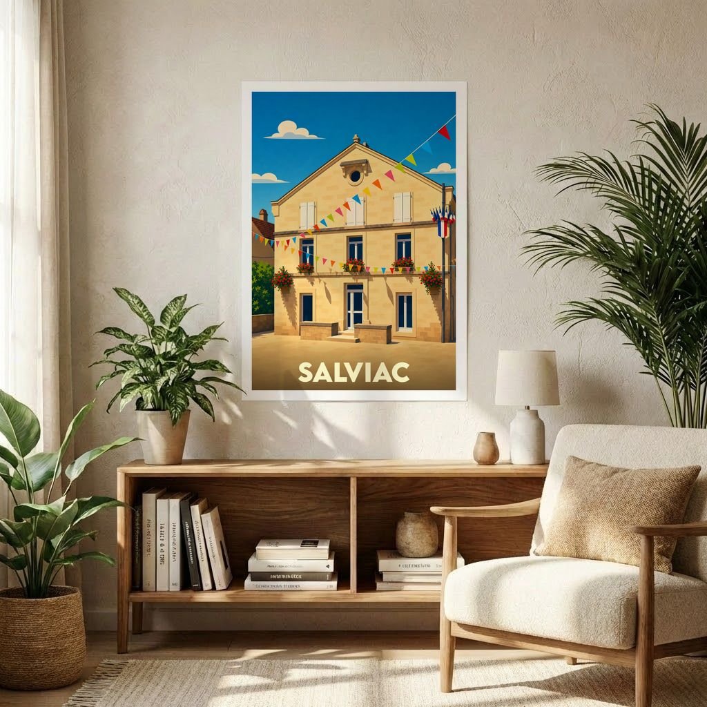 Affiche souvenir de la ville de Salviac avec une illustration stylisée d'un bâtiment festif.
