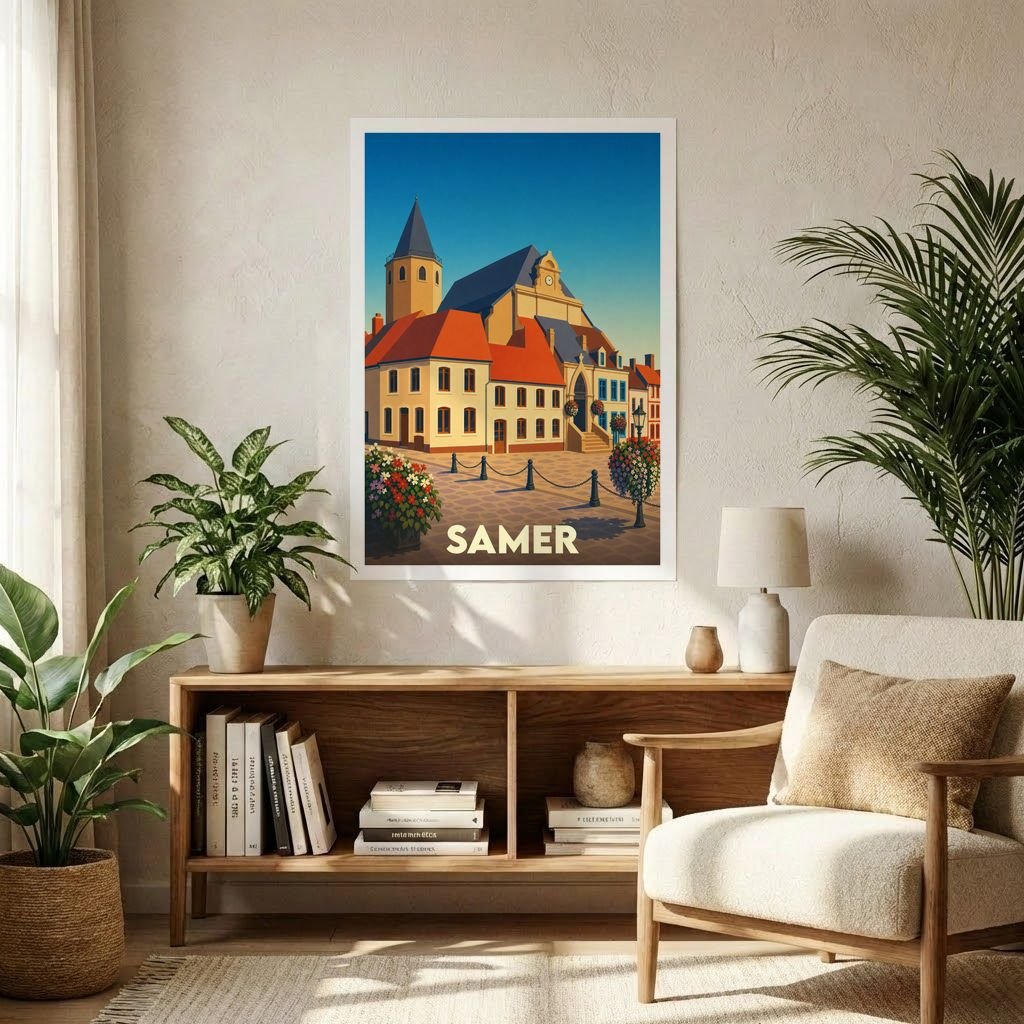 Affiche souvenir de la ville de Samer avec une illustration stylisée et colorée de son centre historique.