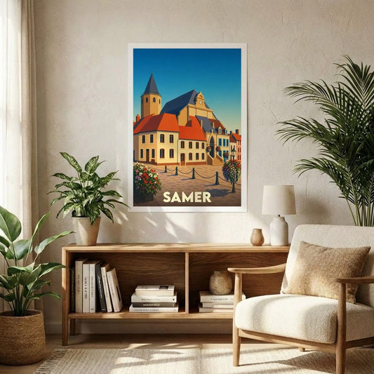 Affiche souvenir de la ville de Samer avec une illustration stylisée et colorée de son centre historique.