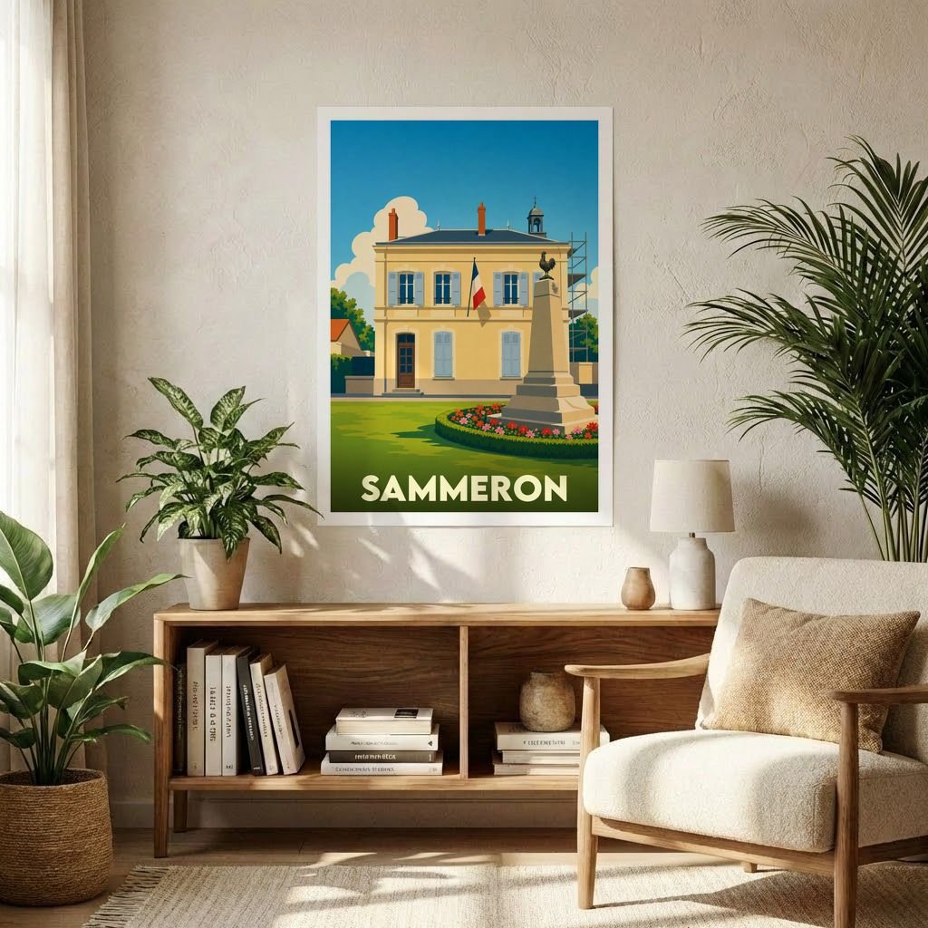 Affiche souvenir de la ville de Sammeron avec une illustration stylisée de sa mairie.