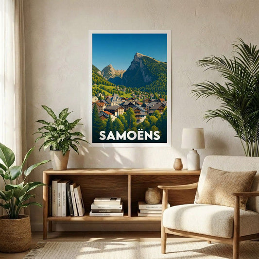 Affiche souvenir de la ville de Samoëns avec une illustration stylisée de son village et des montagnes environnantes.