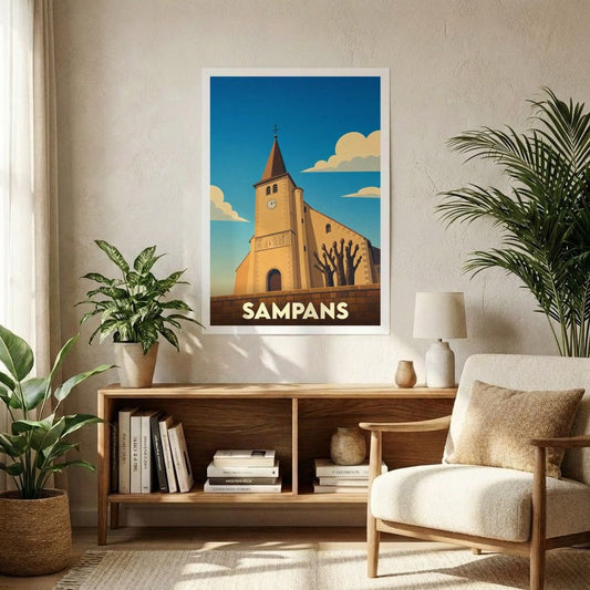 Affiche souvenir de la ville de Sampans avec une illustration stylisée de son église sous un ciel bleu.