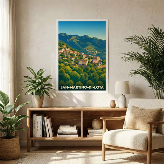 Affiche souvenir de la ville de San-Martino-di-Lota présentant une illustration stylisée de son village accroché à la montagne.