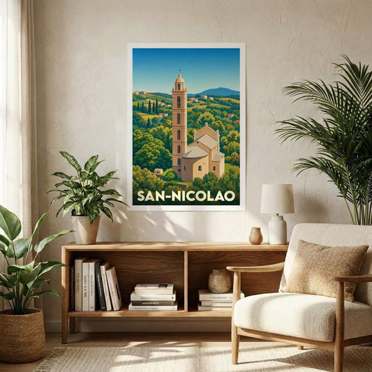 Affiche souvenir de la ville de San-Nicolao présentant une illustration stylisée de son église au cœur d'un paysage vallonné.