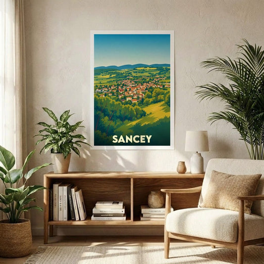 Affiche souvenir de la ville de Sancey avec une illustration de paysage stylisée.