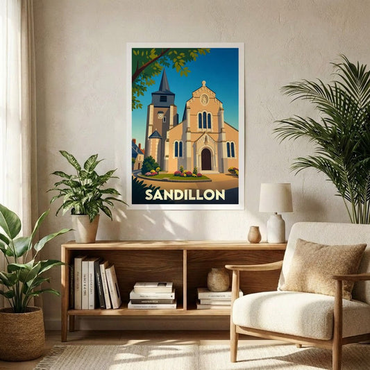 Affiche souvenir de la ville de Sandillon représentant son église dans un style graphique épuré et coloré.