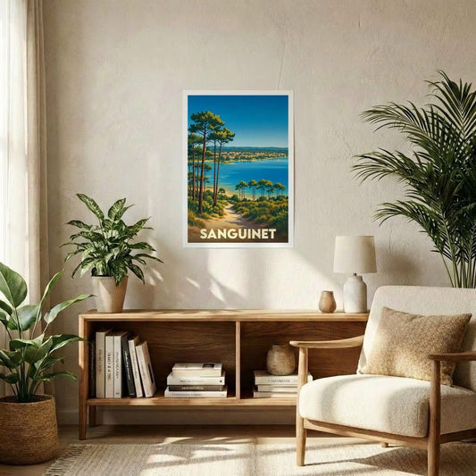 Affiche souvenir de la ville de Sanguinet avec une illustration stylisée.