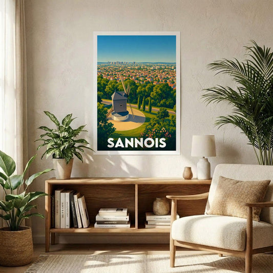 Affiche souvenir de la ville de Sannois avec une illustration stylisée de son célèbre moulin surplombant la vallée.