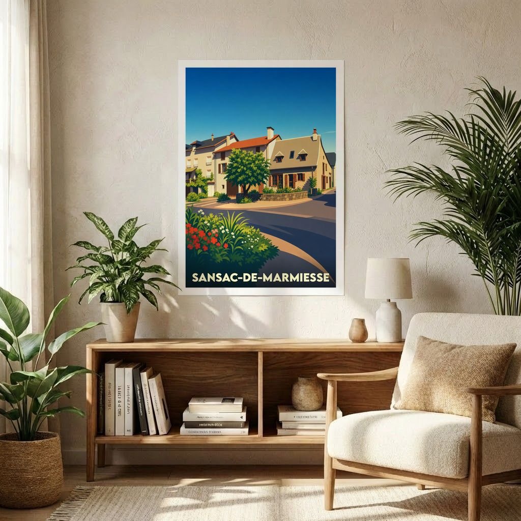 Affiche souvenir de la ville de Sansac-de-Marmiesse avec une illustration stylisée d'un quartier fleuri.