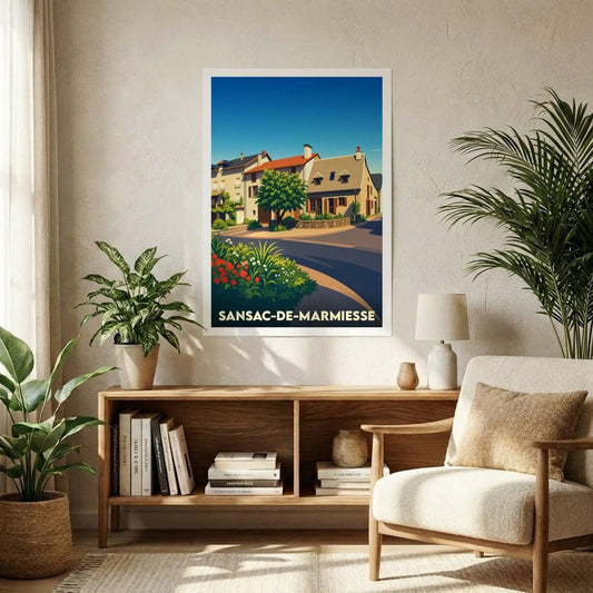 Affiche souvenir de la ville de Sansac-de-Marmiesse avec une illustration stylisée d'un quartier fleuri.