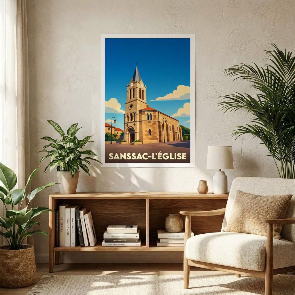 Affiche souvenir de la ville de Sanssac-l'Église avec une illustration stylisée de son église sous un ciel bleu.